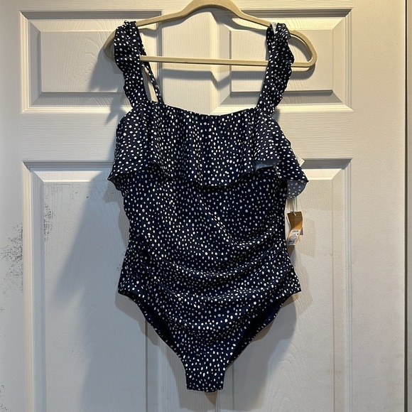 NWT! Kona Sol Navy Ruched Front Full Coverage One Piece Swimsuit L - Picture 2 of 8